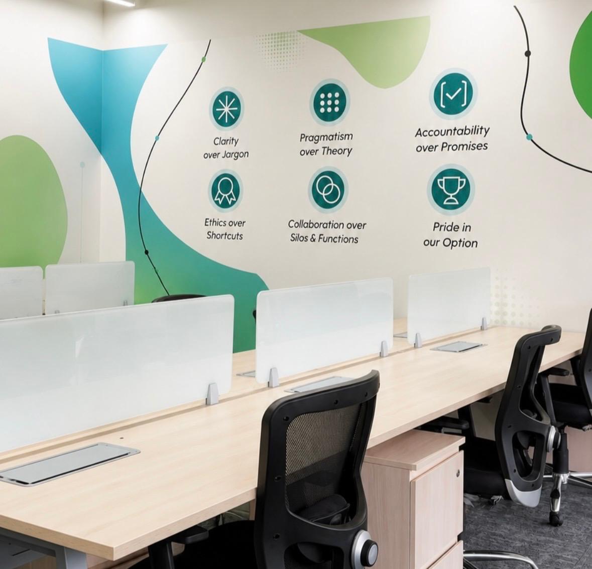 Office wall graphics highlighting company values and work ethics